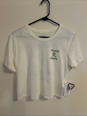 RVCA White Short Sleeve 'Peace March' Cropped Graphic Tee